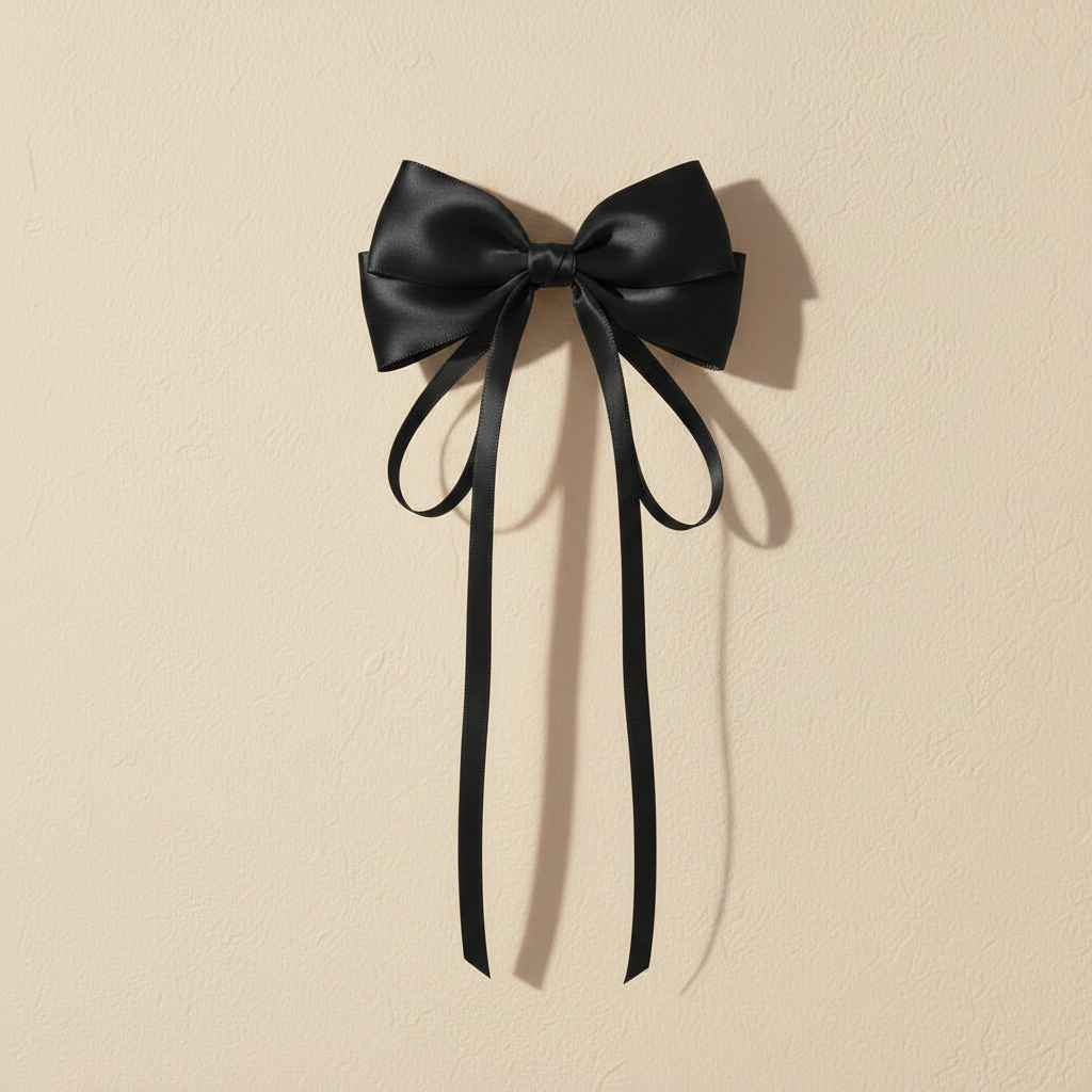 Satin black bow hair clip with long ribbon tails and centered satin knot