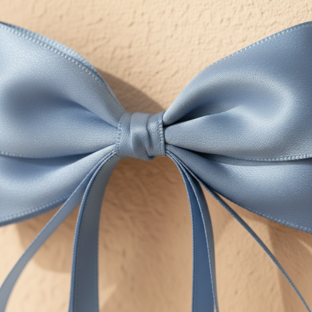 Light blue satin bow hair clip close-up with long ribbon tails