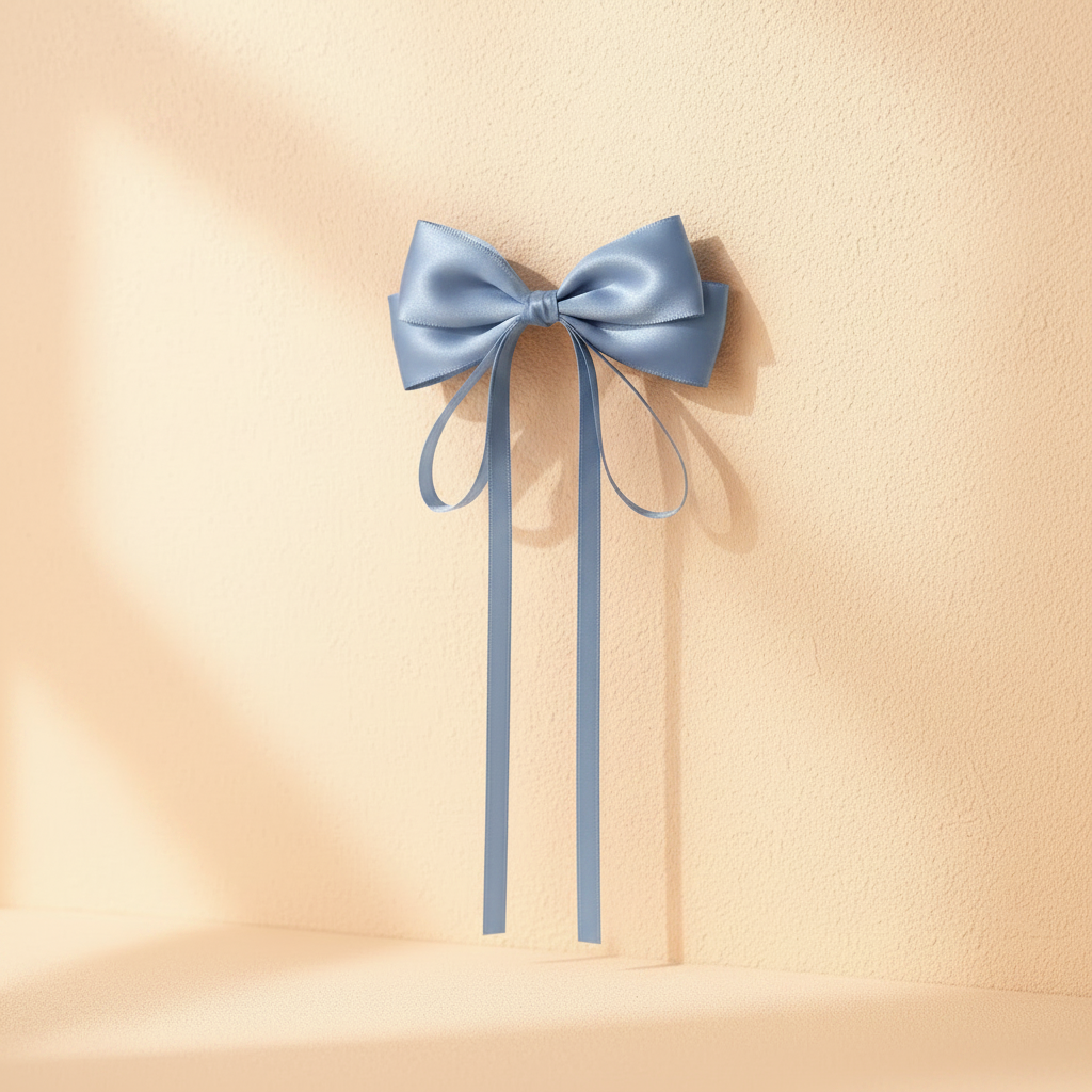 Light blue satin bow hair clip with long ribbon tails