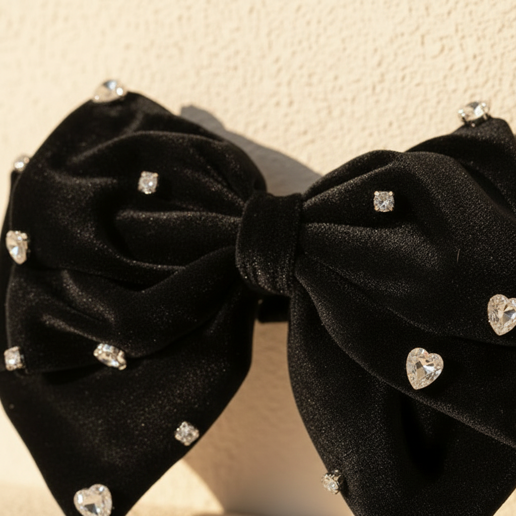 Black velvet bow hair clip close-up with scattered heart rhinestones
