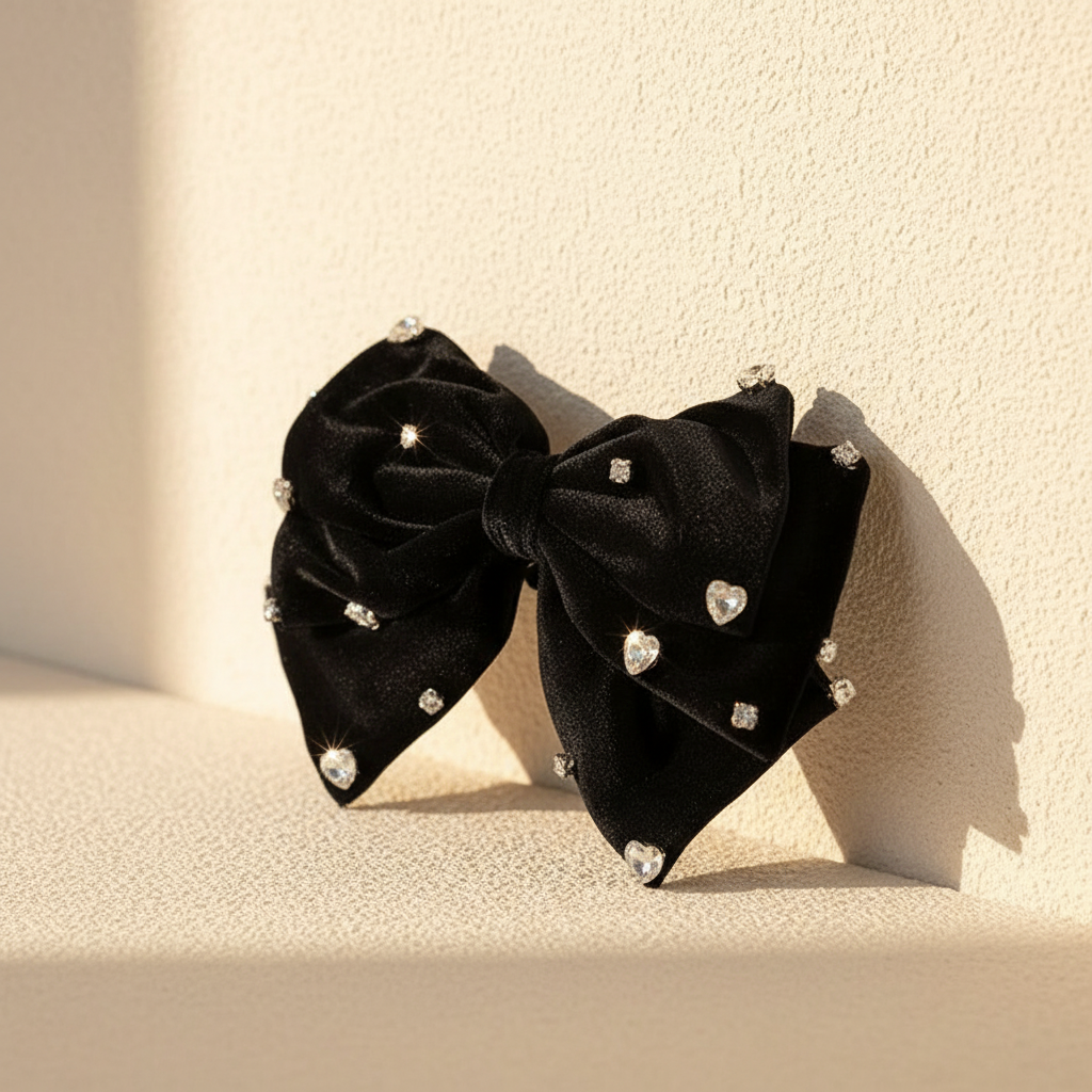 Black velvet bow hair clip with heart rhinestone embellishments