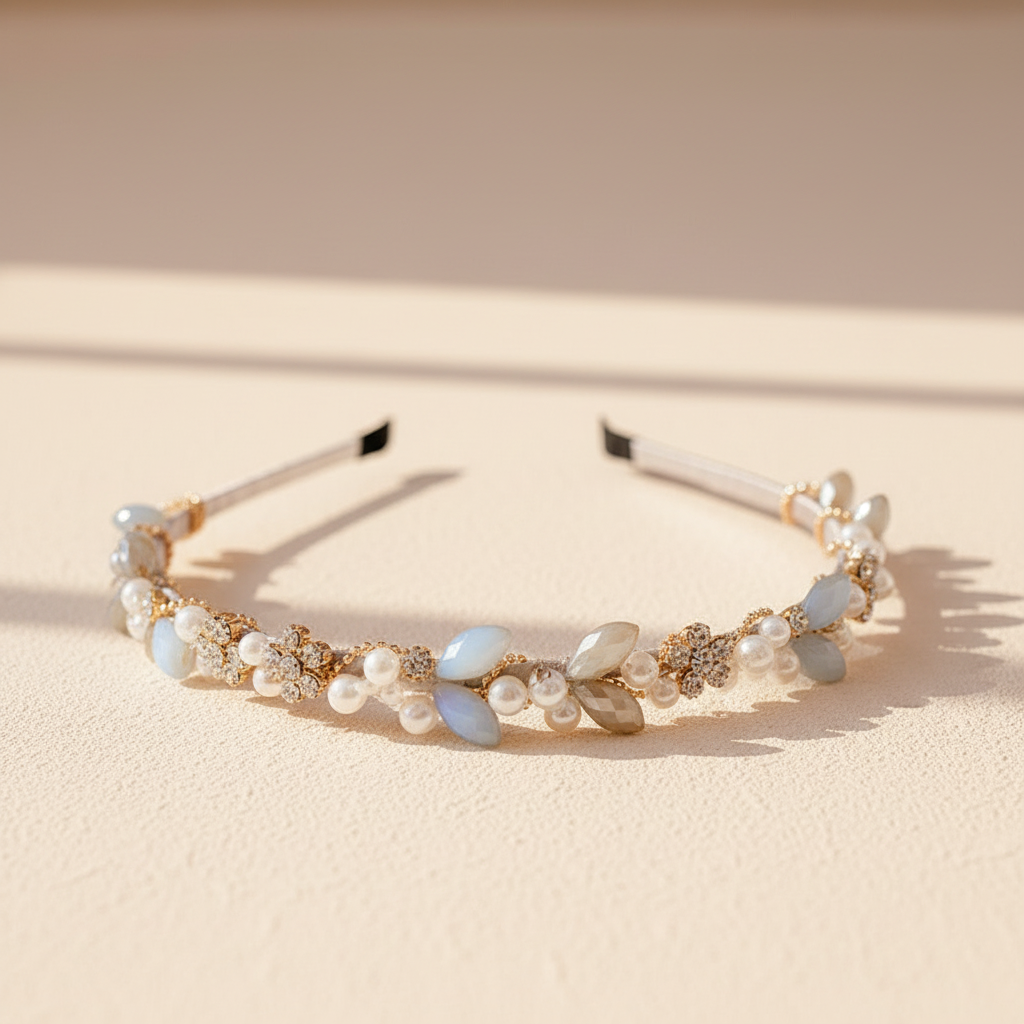 Crystal and pearl headband featuring light blue faceted stones, pearls, and gold-toned details
