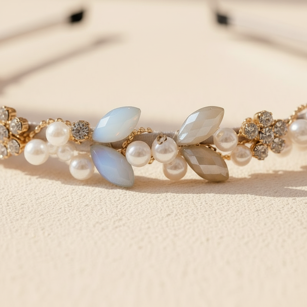 Crystal and pearl headband detail showing light blue stones, white pearls, and gold-toned links