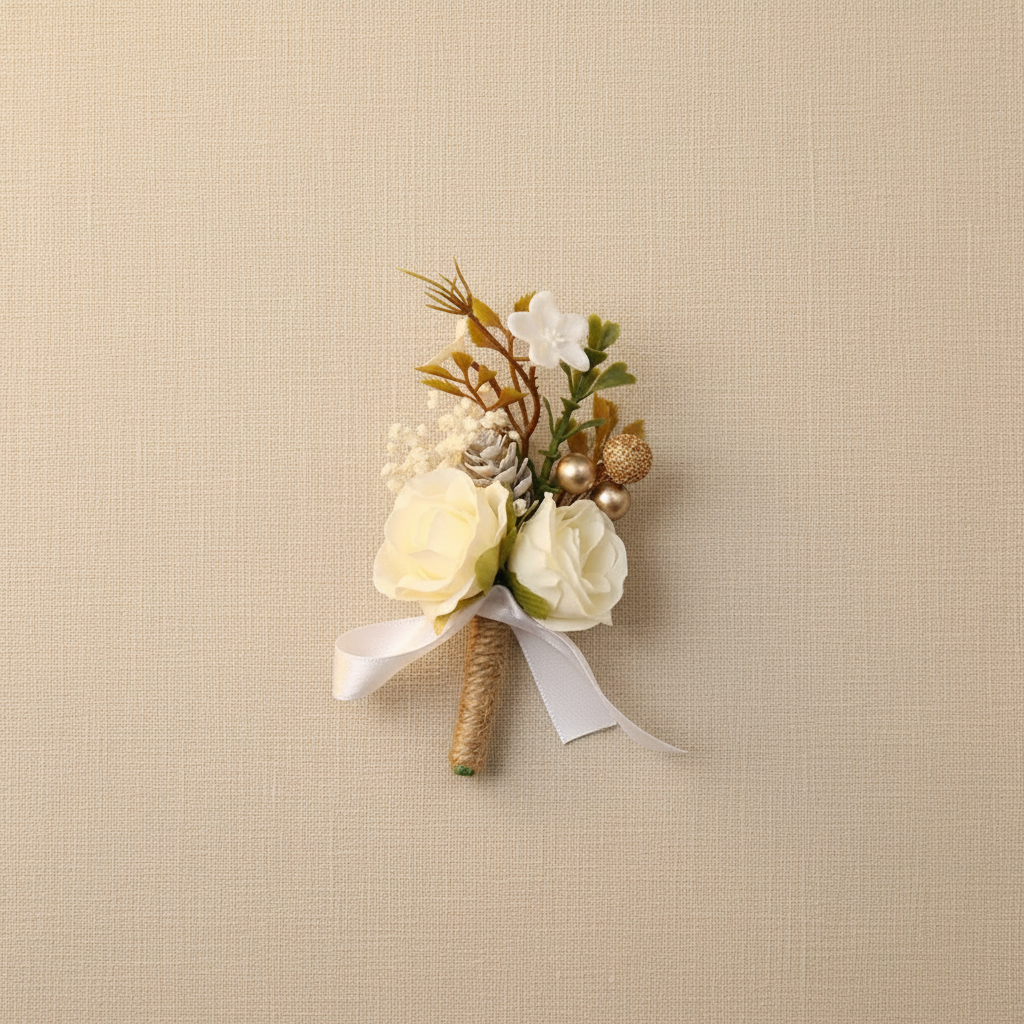 Cream rose boutonniere with white blooms, gold accents, ribbon bow, burlap stem
