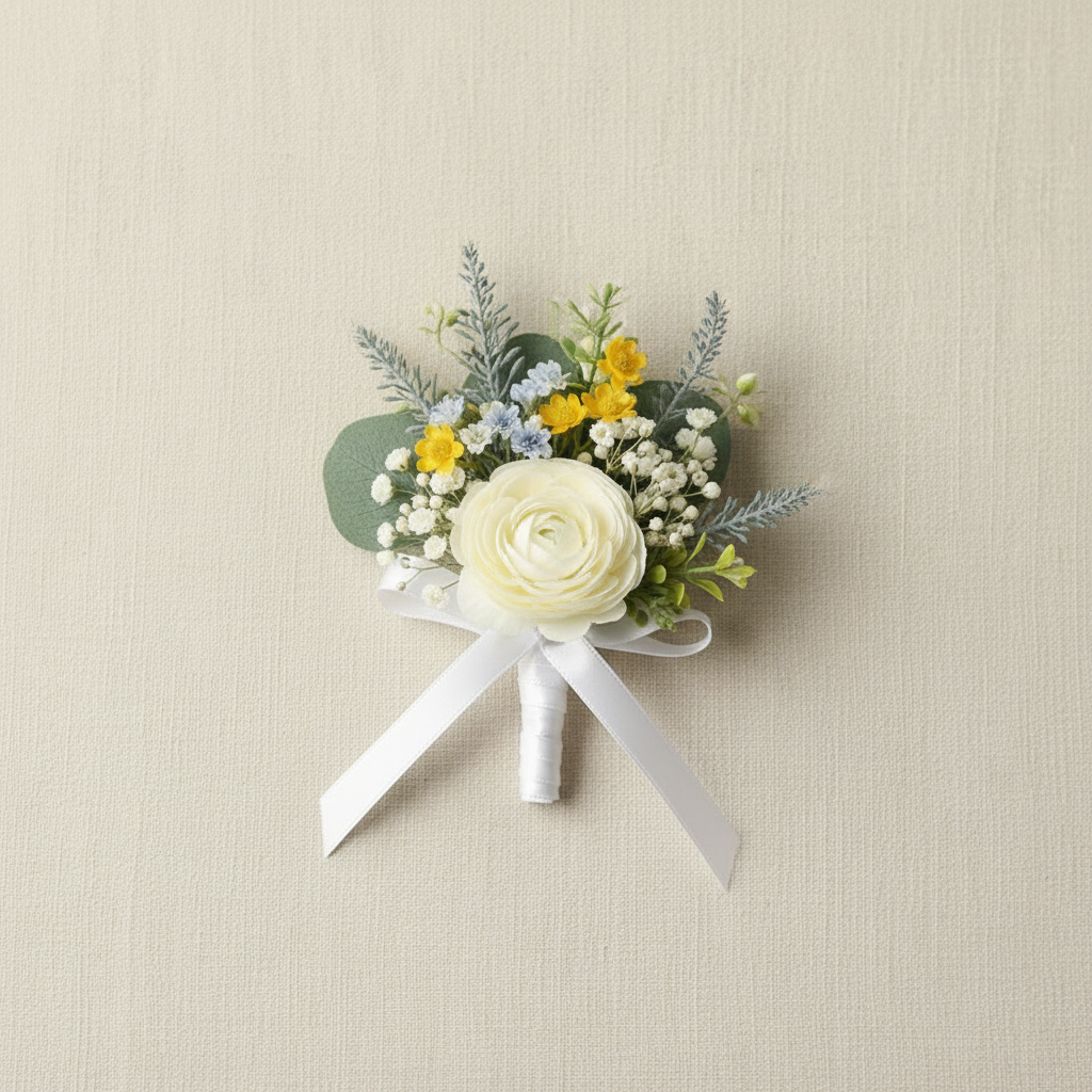 Yellow and white wildflower boutonniere with pale greenery, white ribbon, burlap stem