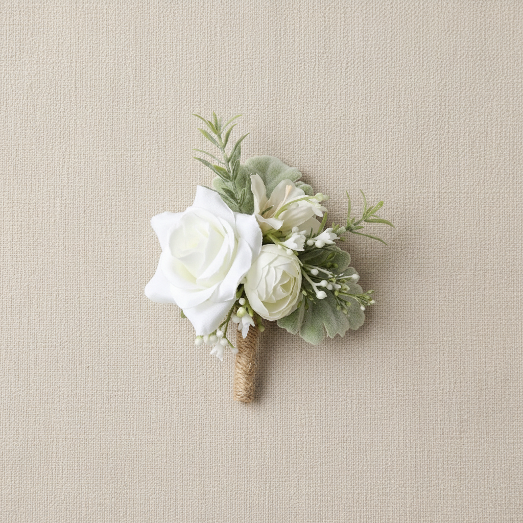 White rose boutonniere with pale green leaves, small white buds, burlap-wrapped stem