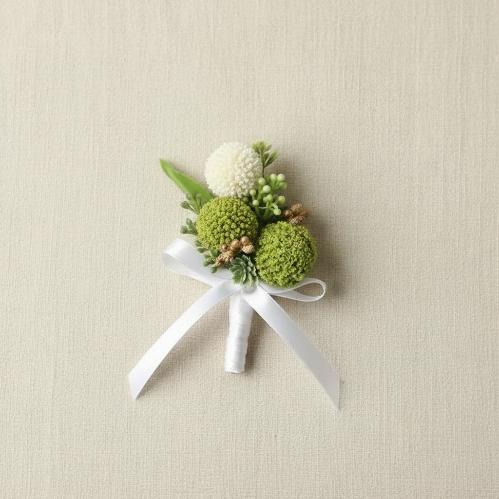 Green pompom and small white bloom boutonniere with white satin ribbons and greenery