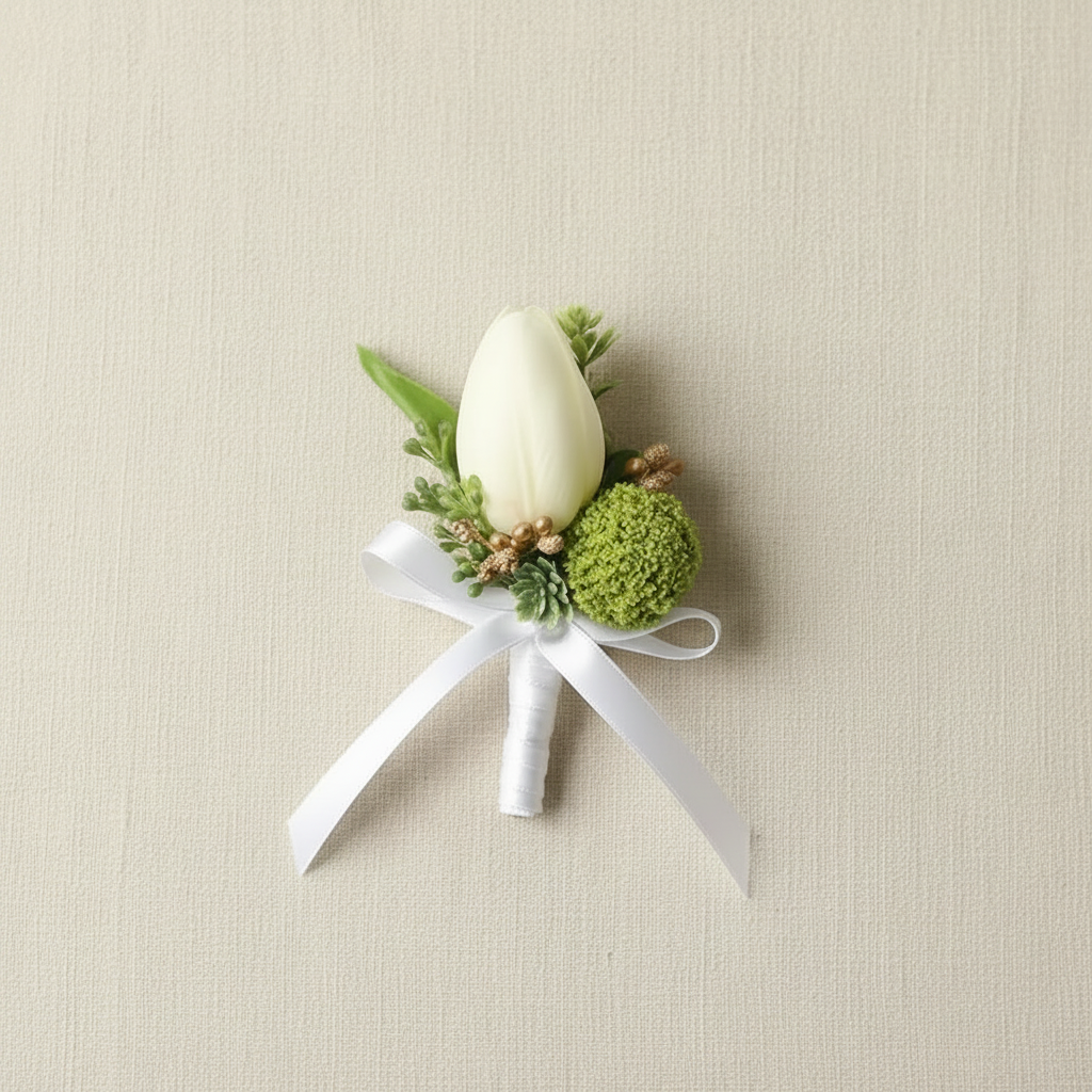 Cream teardrop silk rose boutonniere with green pompom blooms and white ribbon