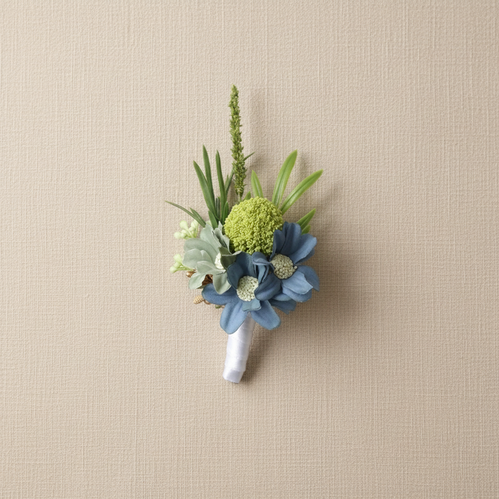 Blue flower boutonniere with green pompom blooms, tall grass stems, white wrapped base