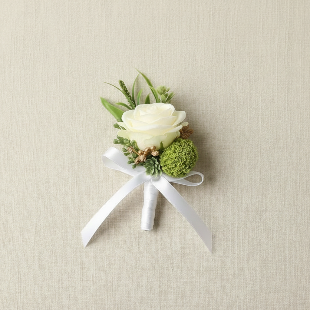 White rose and green pompom boutonniere with white satin ribbons and greenery