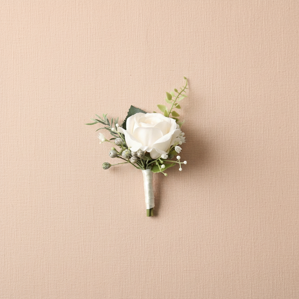 Ivory silk rose boutonniere with green sprigs and wrapped stem
