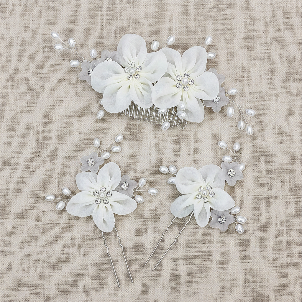 White floral hair set with rhinestone centers, faux pearl sprigs, and comb with pins