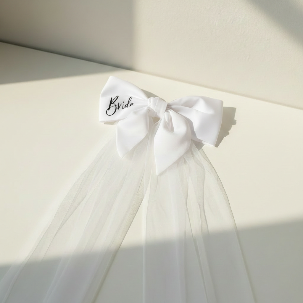 Bride-to-be pearl veil with white bow and satin sash, “Bride” detail on the ribbon