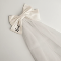 Bride satin bow veil with long sheer white tulle panel and satin hair bow