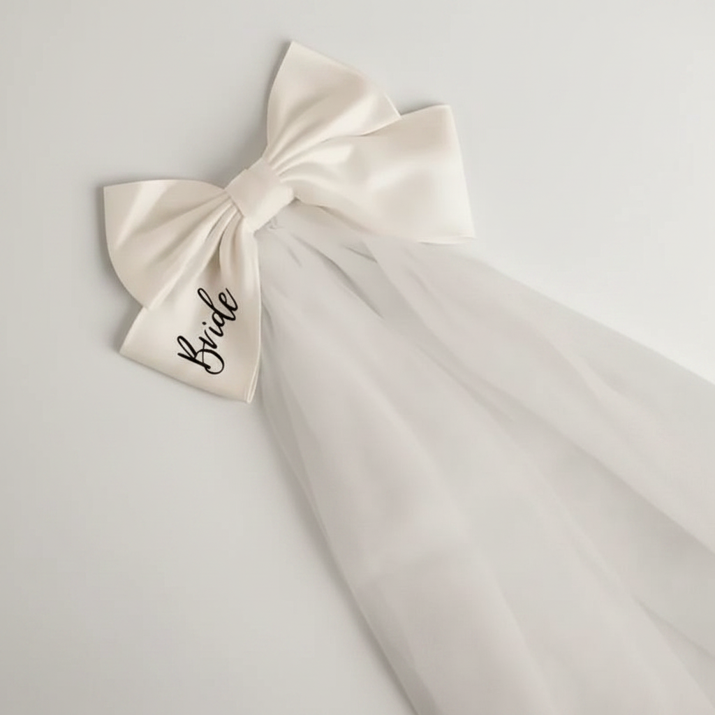 Bride satin bow veil with long sheer white tulle panel and satin hair bow