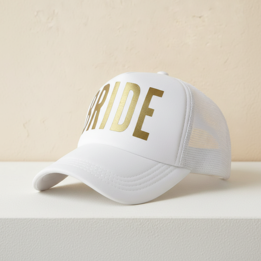 White trucker cap with gold “BRIDE” front print and white mesh side panels