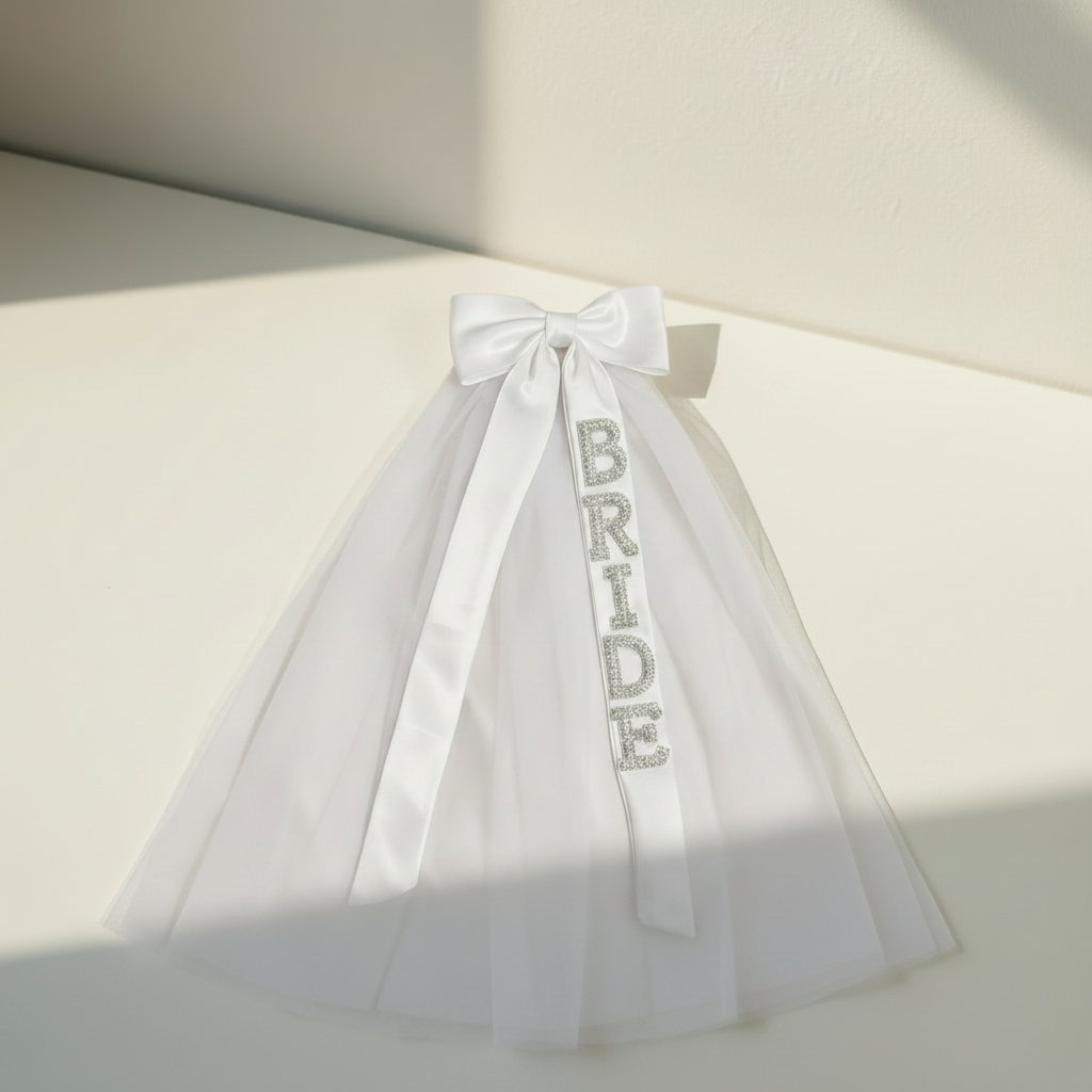 Bride-to-be pearl veil with “BRIDE” rhinestone letters on vertical sash and satin bow