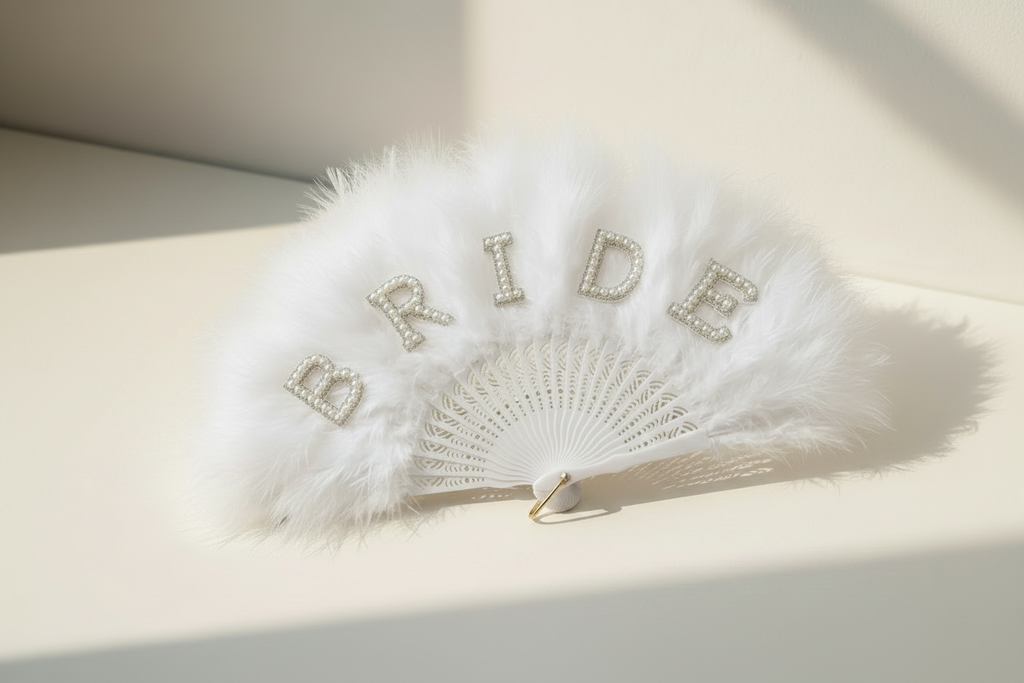 Bride hand fan with white feather plume, rhinestone pearl letters and ribbon handle loop