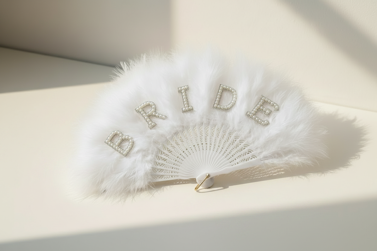 Bride hand fan with white feather plume, rhinestone pearl letters and ribbon handle loop