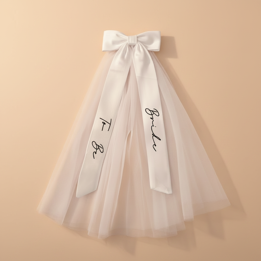White bridal bow veil with tulle skirt and printed script on ribbon streamers