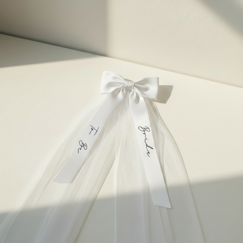 Bride-to-be pearl veil with large white bow and ribbon tails, “Bride” script on fabric