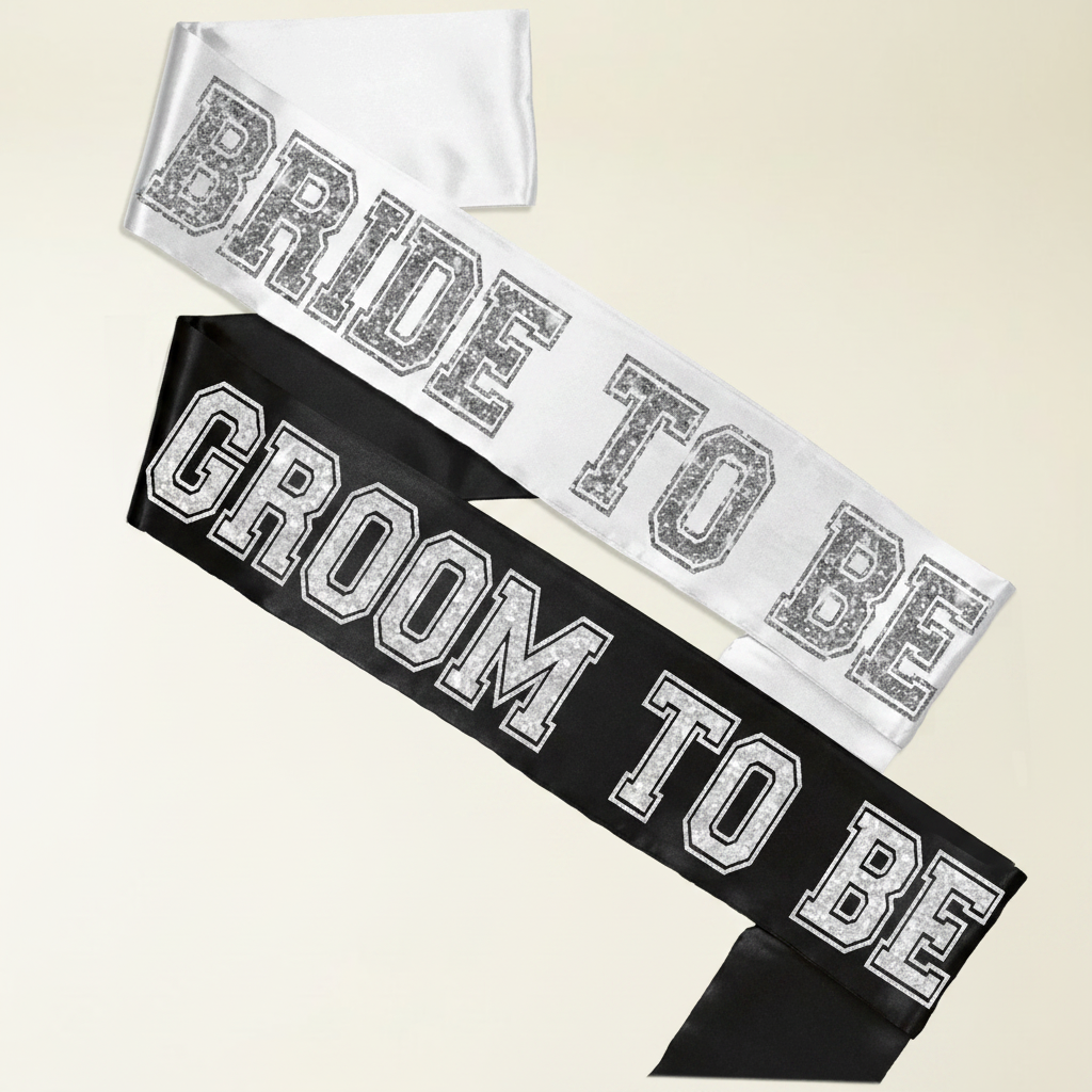 Bride to Be and Groom to Be sash set, white and black with bold lettering