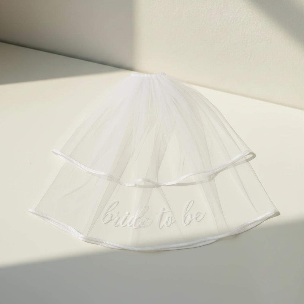 Bride-to-be pearl veil with “bride to be” script across white tulle, ribboned edge