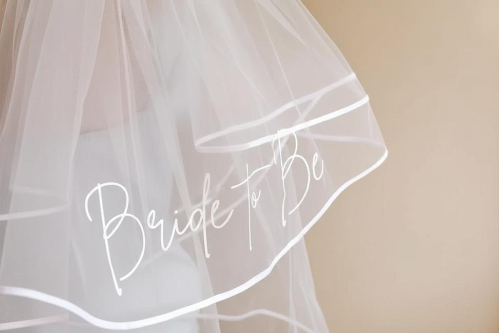 Bride to be veil in white sheer, "Bride to Be" script across front