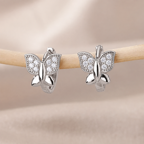 Silver-tone butterfly bridal earrings with clear rhinestone wings