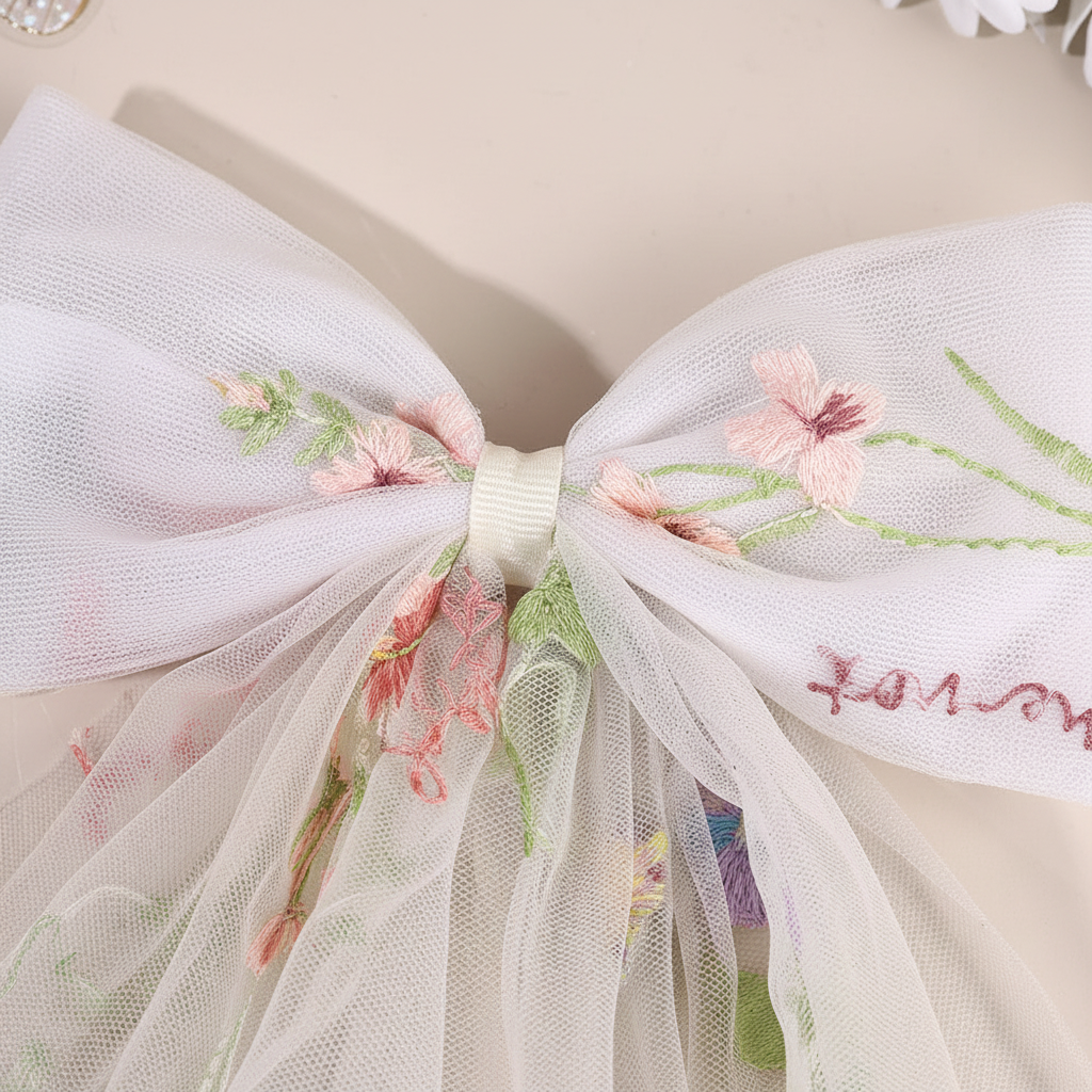 Close-up pastel floral-embroidered tulle bow hair clip with sheer veil