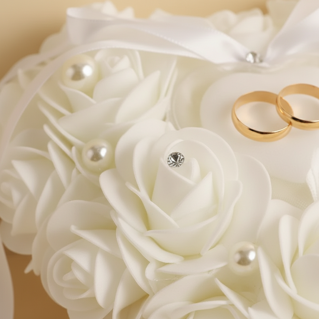 White heart ring pillow with rose petals, pearls, and a small crystal ring holder