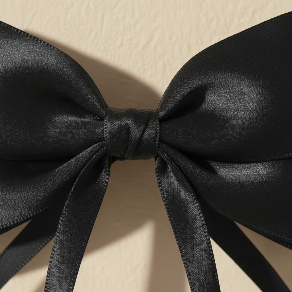 Satin black bow hair clip with long ribbon tails, close-up satin knot and bow bows