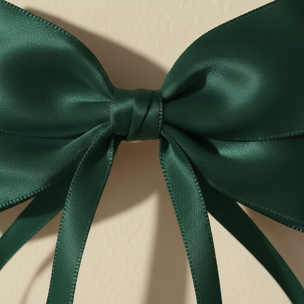 Satin bow hair clip close-up with long ribbon tails, dark green satin shine.