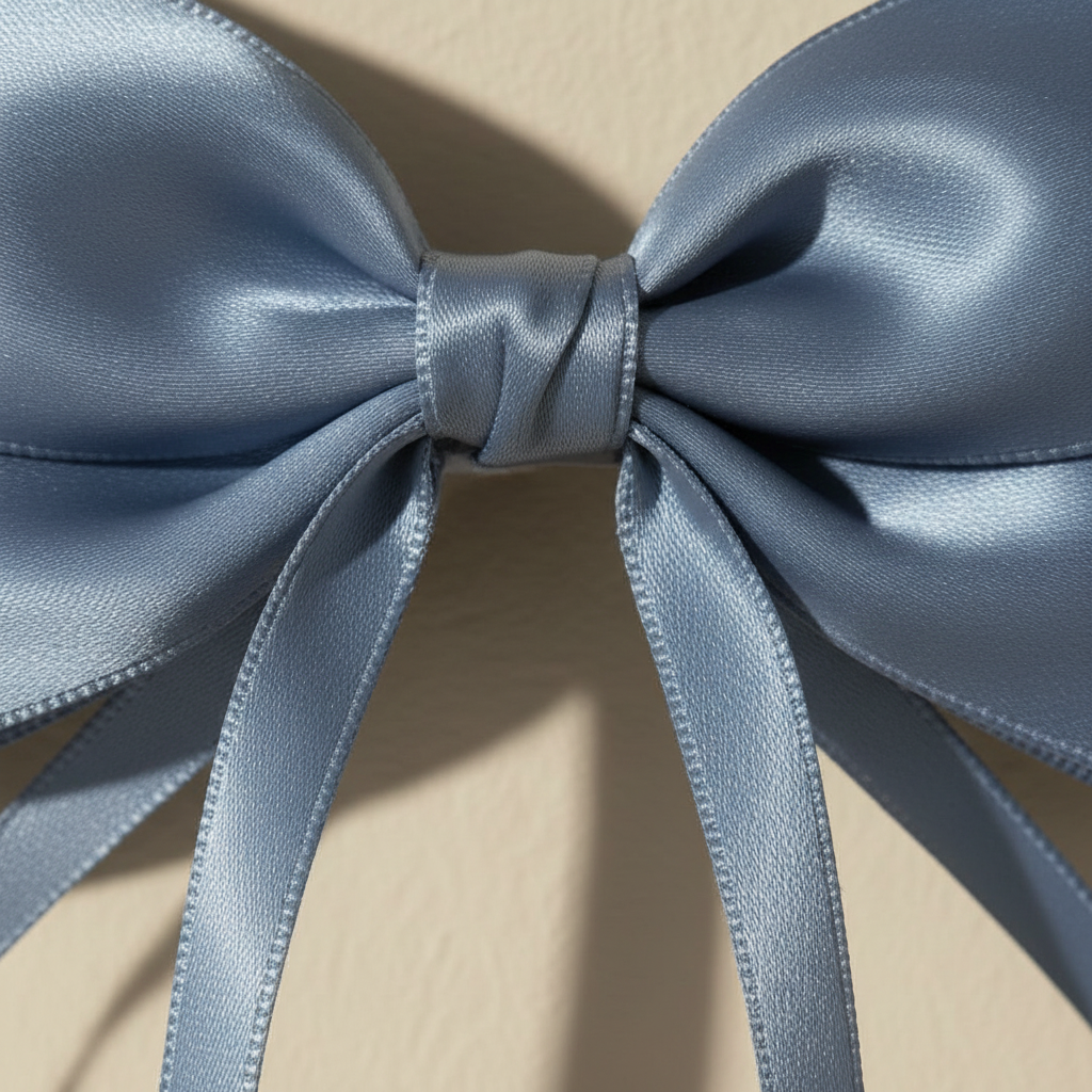 Satin bow hair clip close-up with long ribbon tails, blue satin bow and loops.