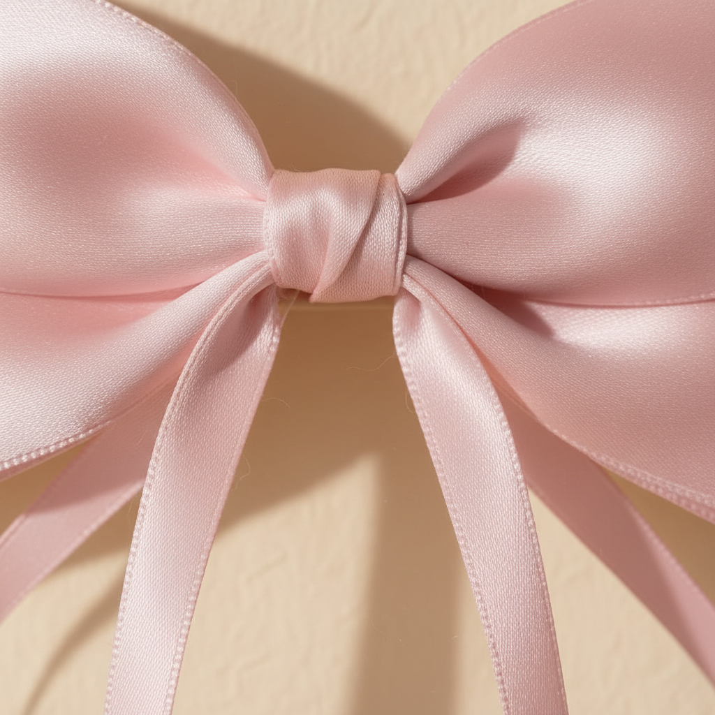 Light pink satin bow hair clip close-up with long ribbon tails