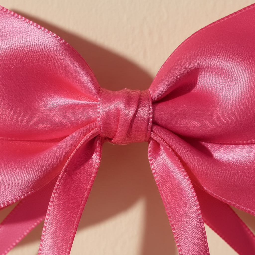 Satin bow hair clip close-up with long ribbon tails, hot pink satin bow.