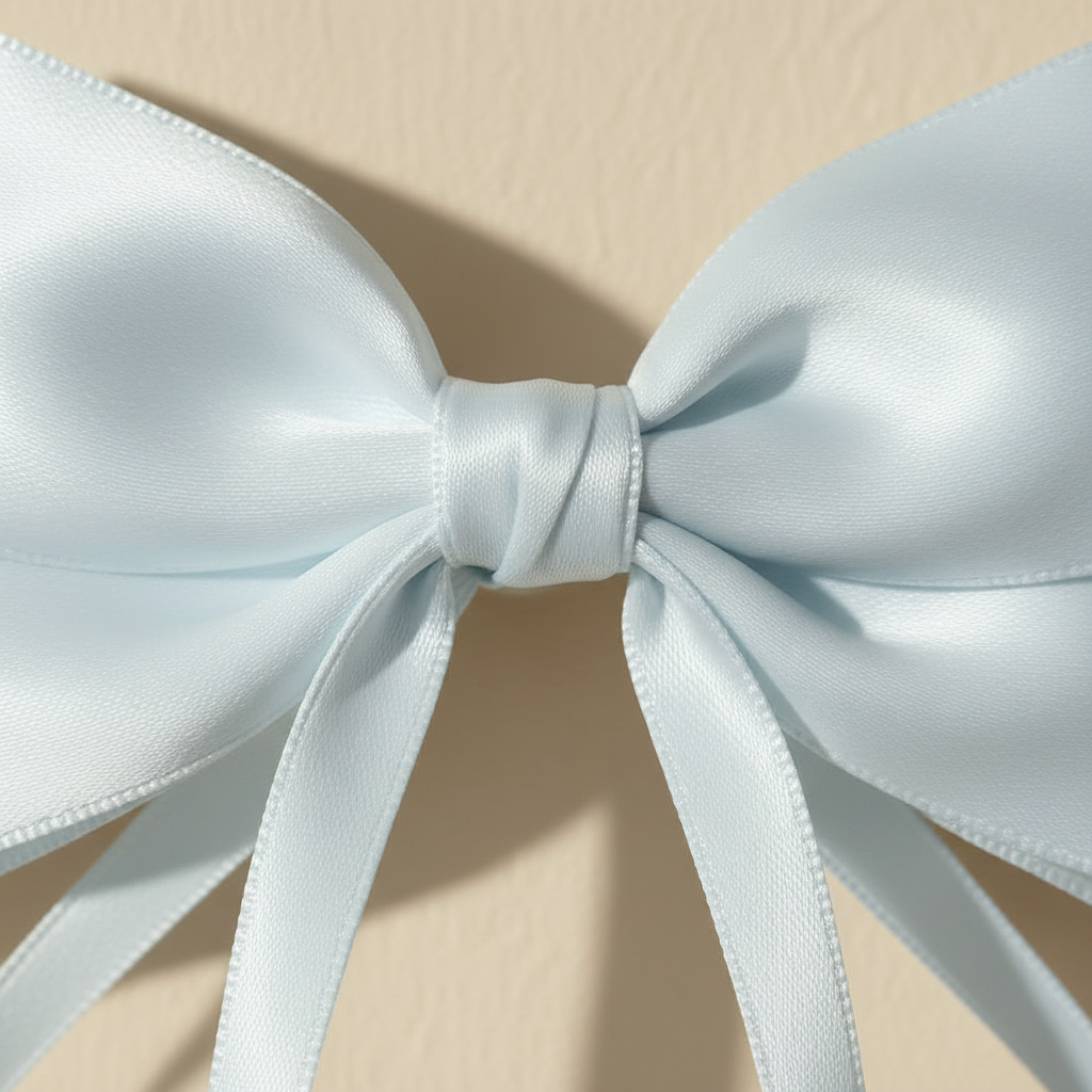 Off-white satin bow hair clip with long ribbon tails, close-up of bow center