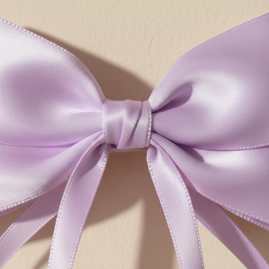 Satin bow hair clip close-up with long ribbon tails, pale purple satin bow.