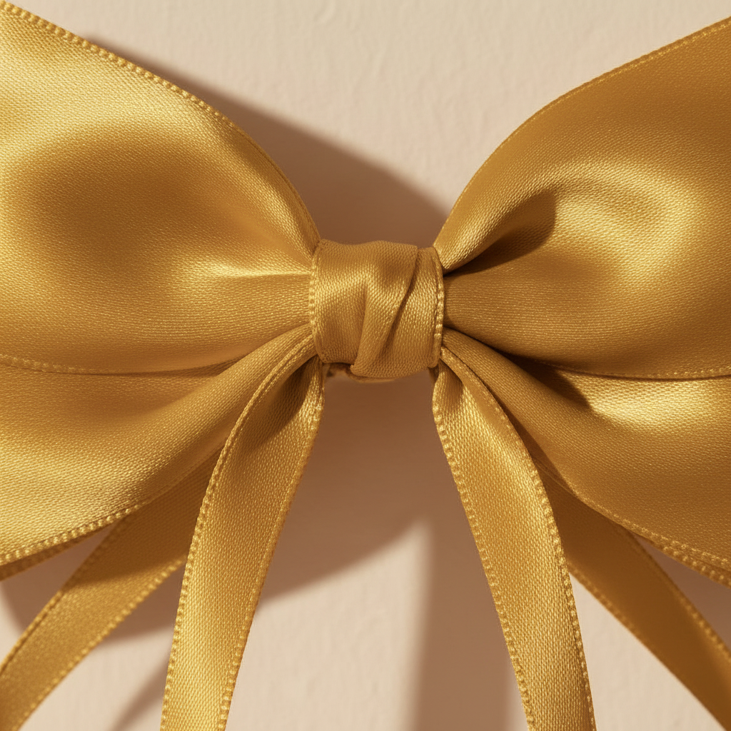 Satin bow hair clip close-up with long ribbon tails, metallic gold color.