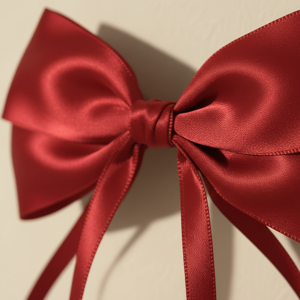 Satin red satin bow hair clip with long ribbon tails, close-up bow knot
