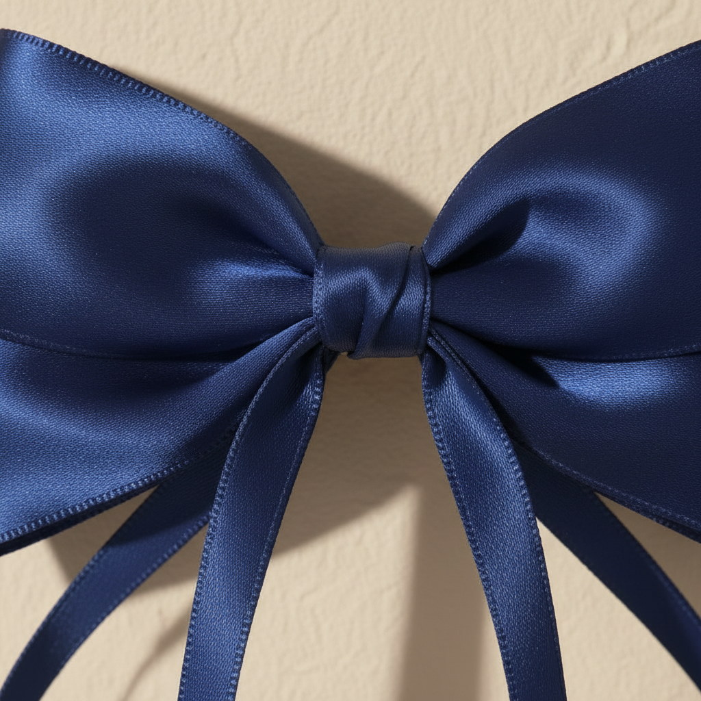 Satin blue satin bow hair clip with long ribbon tails, close-up knot and ribbon loops