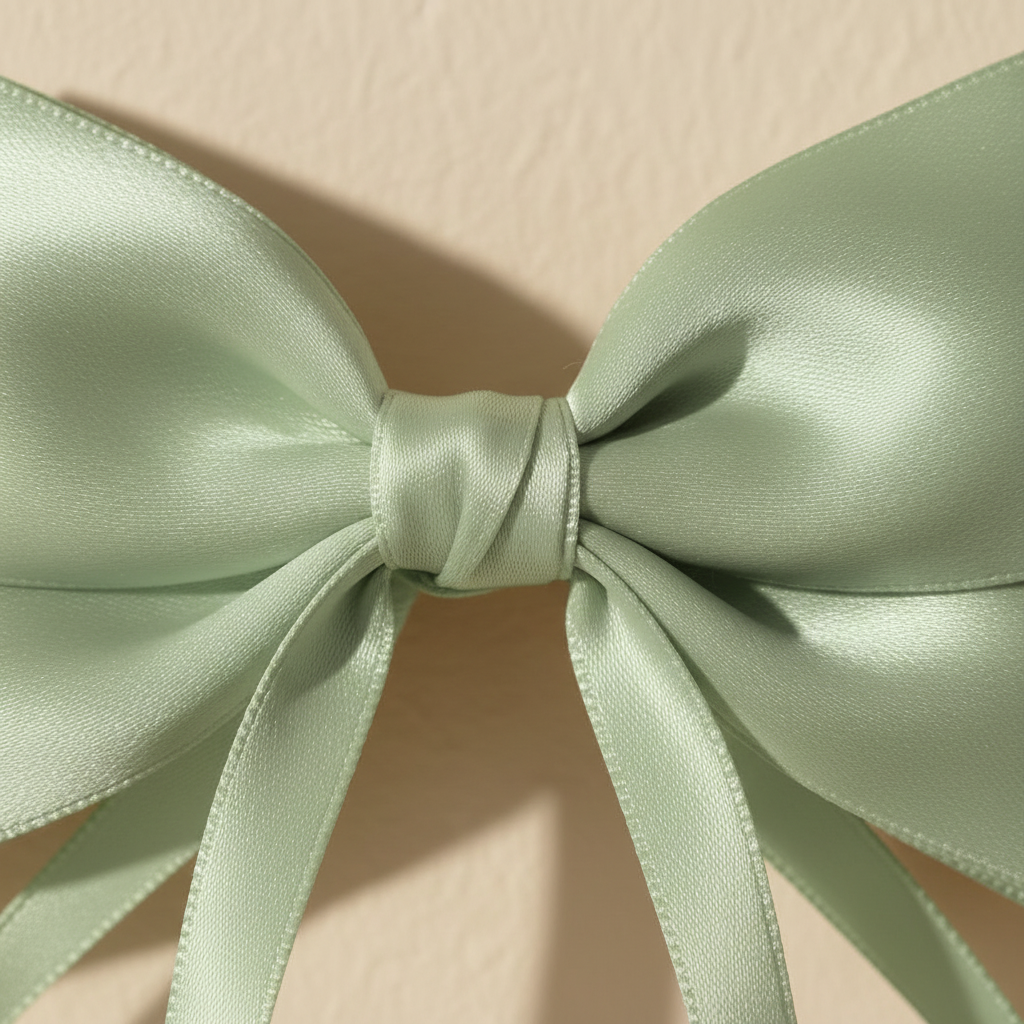Satin mint green bow hair clip with long ribbon tails, close-up satin bow center