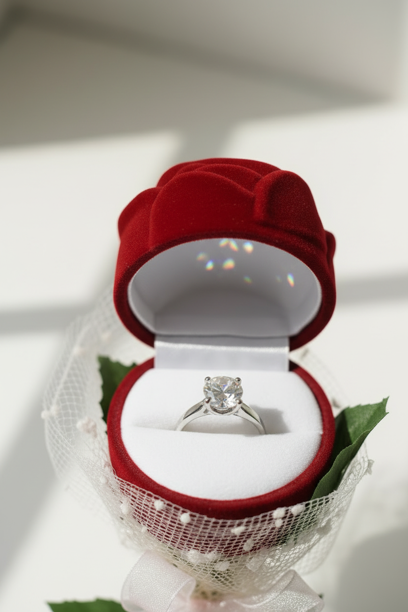 Open velvet rose ring box with silver ring on white cushion
