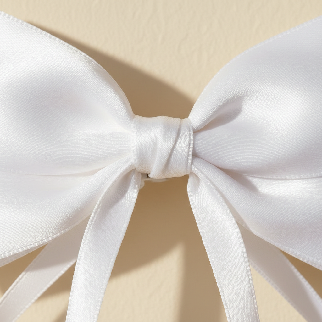 Satin white bow hair clip with long ribbon tails, close-up satin knot and ribbon tails