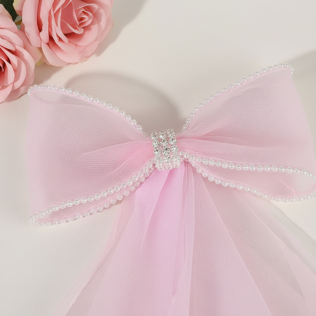 Pink tulle bow hair clip close-up with faux pearls and rhinestone center