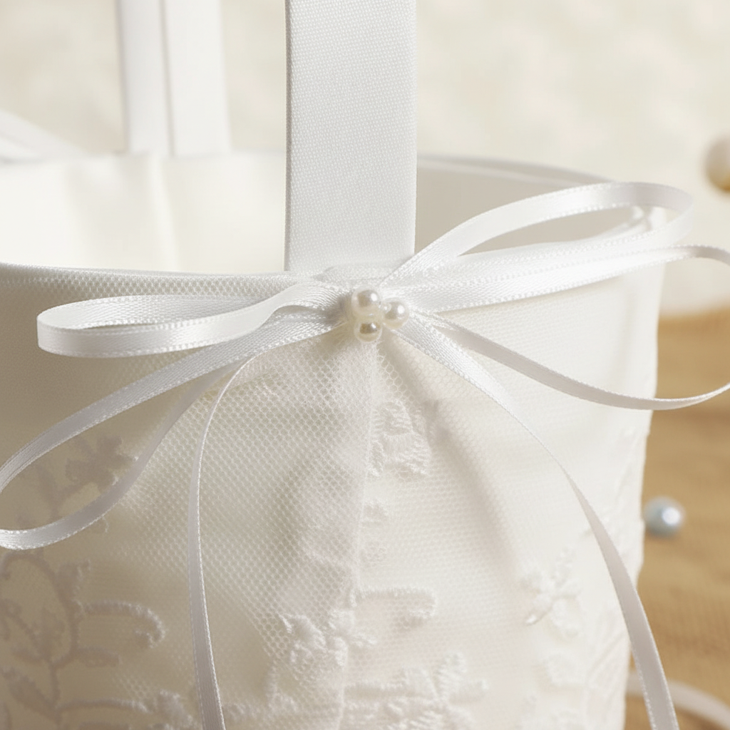 White satin flower basket bow with pearl bead and ribbon streamers