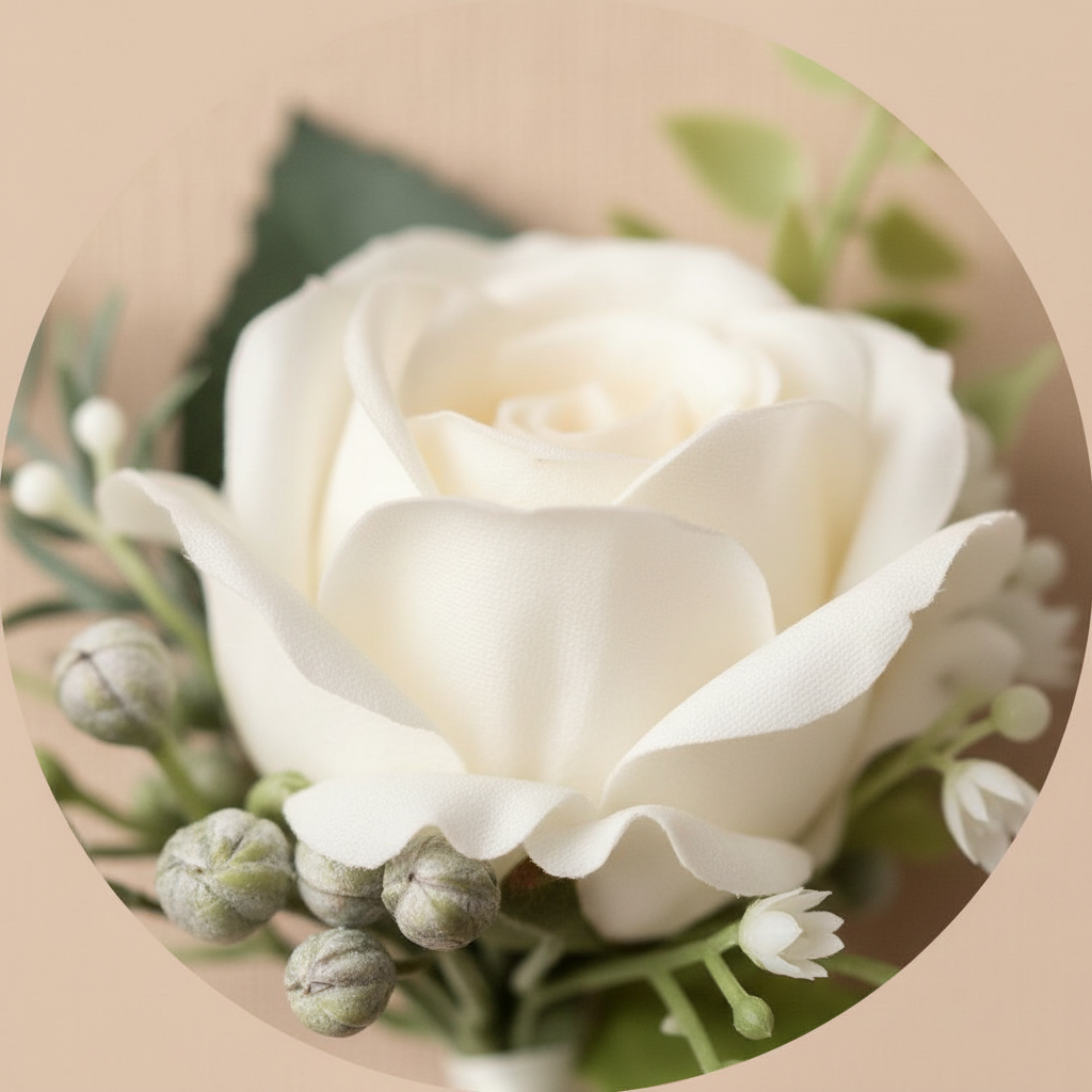 Ivory silk rose boutonnière with green buds