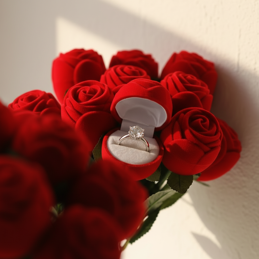 Velvet rosebud ring box with red velvet roses; ring shown in open heart case