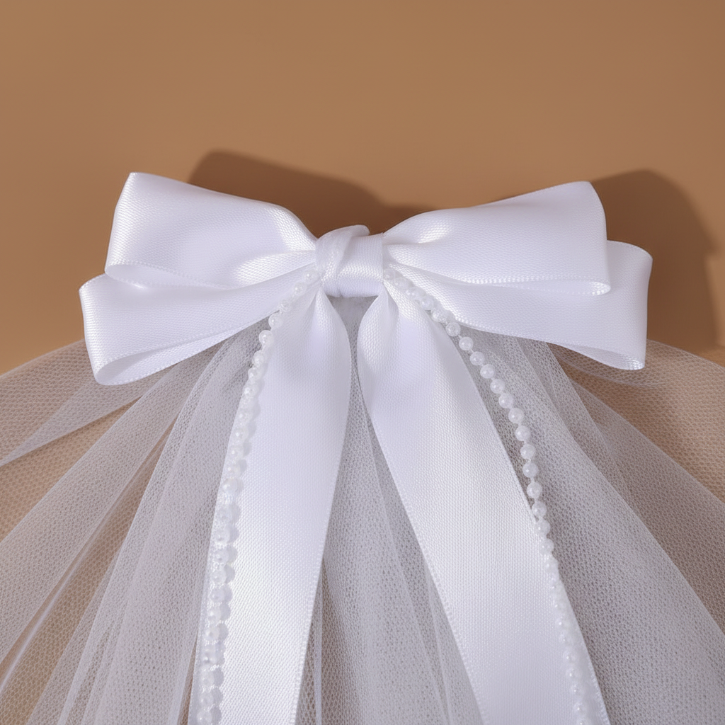 White satin bow hair clip with pearl-trimmed tulle veil strands