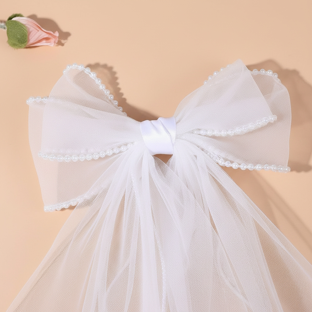 White tulle bow hair clip with pearl-trim ribbon and gauzy veil